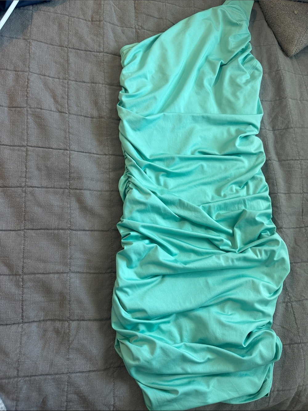 One-Shoulder Ruched Midi Dress in Aqua Green